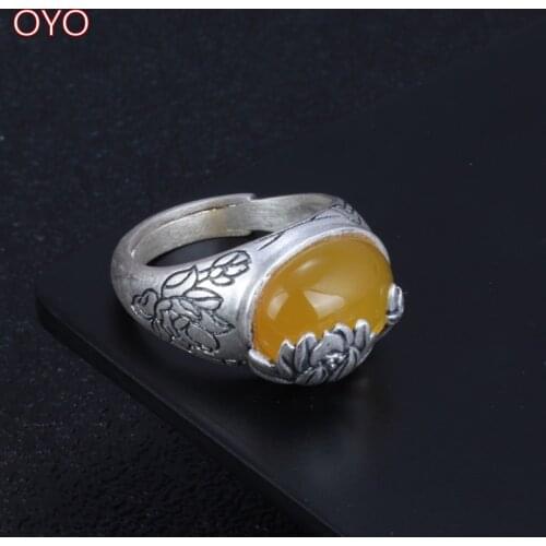 Real 999 feet anemone yellow chalcedony ring retro oval matte index finger ring female