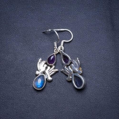 Natural Blue Fire Labradorite and Amethyst Handmade Unique 925 Sterling Silver Earrings 1.75" X4762