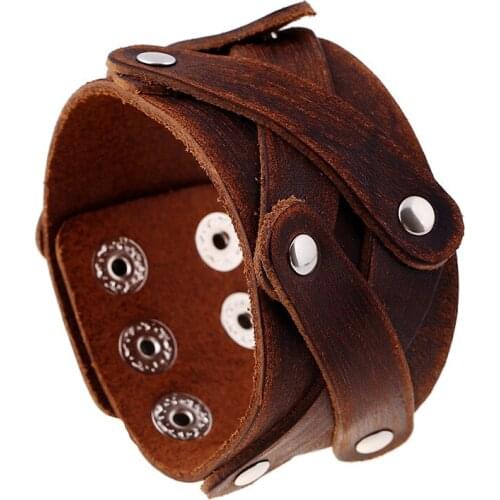 Wide Brown Rock Wrap Alloy Rivets Punk X Charm Snap Buckle Maxi Genuine Leather Men Bracelets & Bangles For Women Femme Jewelry