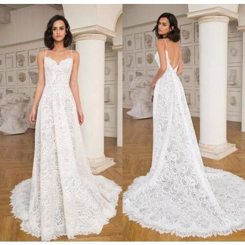 2020 Wedding Dresses Spaghetti Sleeveless Applique Lace Bridal Gowns Custom Made Backless Sweep Train A-Line Wedding Dress
