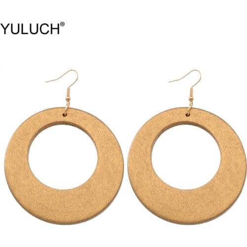 YULUCH Round Wood Chip Hollow Chandelier Earings Hanging Fashion Drop Earrings For Women Female Girls Wedding Party Gift