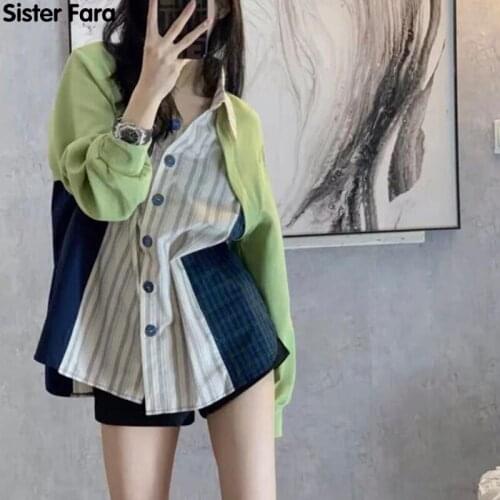 Sister Fara Spring Chic Patchwork Striped Womens Shirt Turn-down Collar Long Sleeve Blouse Autumn Single Breasted Blouses Women