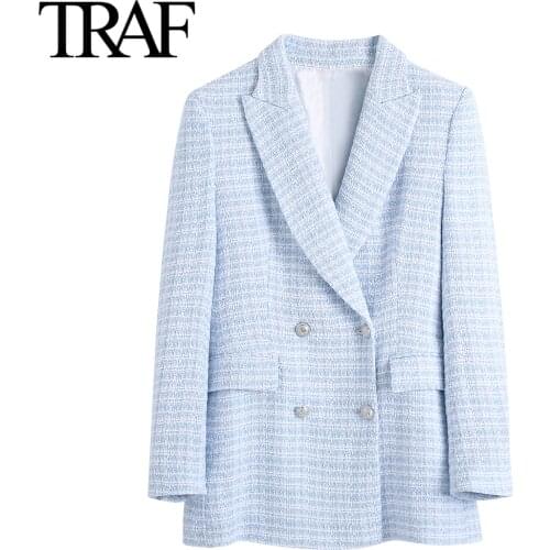 Traf Women Clothing Autumn Winter 2020 Office Loose Flip Pocket Suit Blazer French Fashion Tweed Jacket Coats Lady Lattice Tops