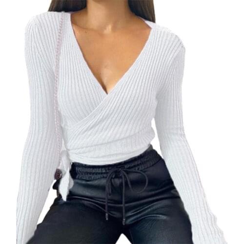 Women Sweater Ribbing V Neck Autumn Winter Long Sleeve Bandage Knitted Top Streetwear