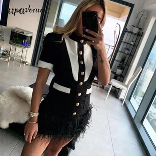 Free Shipping 2021 Fashion Tweed Dress Womens Gold Single Breasted Short Sleeve Feather Tweed Dress Club Evening Party Vestidos