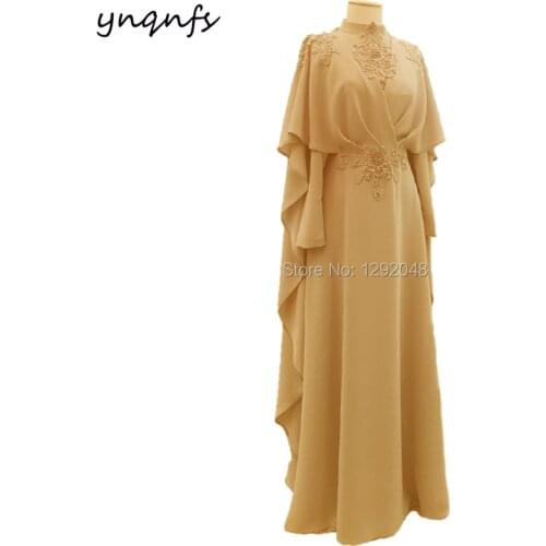 YNQNFS MW24 Kaftan Abendkleider Robe Soiree Dubai Cape Cloak Long Sleeve Muslim Hijab Evening Dress Bridesmaid Gown Gold 2018