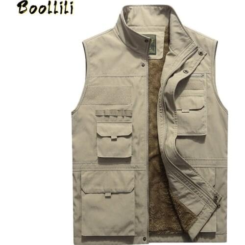 Thicken Fleece Waterproof Winter Vest Mens Multi Pockets Spring Autumn Waistcoat Photographer Mandarin Collar Sleeveless Jacket