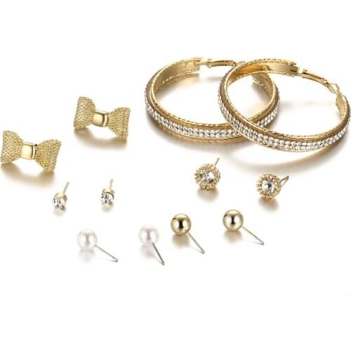 2018 CUTE 6 pairs /set earring Fashion Elegant Shining gold Color crystal pearl Flower earrings Cute Super Value earrings sets