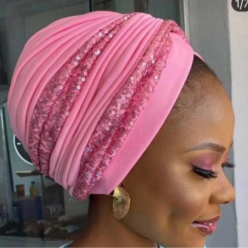 2021 Summer Breathable Sequins Turban Cap Womens Head Wraps Muslim Headscarf Cap India Hat Ready Hijab Bonnet Turbante Mujer