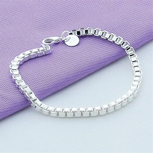 925 Sterling Silver 4mm Square Box Chain Bracelet For Woman Charm Wedding Engagement Fashion Party Jewelry