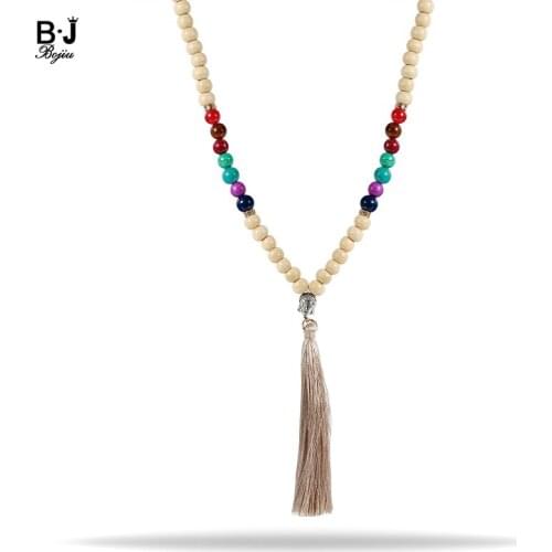 Bojiu Handmade Nepal Jewelry Long Tassel Pendant Mala Wood Beads Ethnic Statement Necklace for Women NKS164