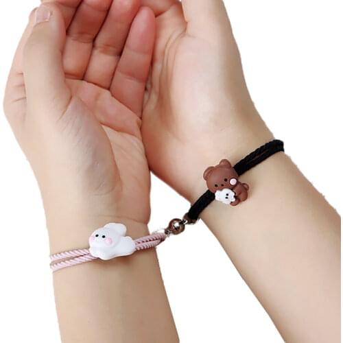 2pcs Hug Bear Duck Charm Couple Bracelets Magnetic Adsorption Paired Braclet Braided Rope Bracelet Cartoon Bears Jewelry Gifts