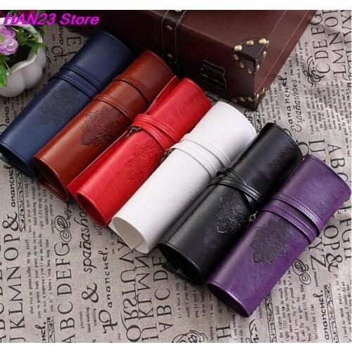 1Pcs Retro Pen Pencil Case Roll Waterproof PU Leather Pencil Bag Portable Makeup Brush Storage Bags School Office Supplies
