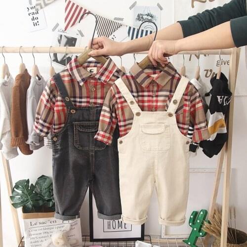 Spring Autumn Baby Boy Overalls & Plaid Blouse Set Girl Denim Pants Infant Jumpsuit Childrens Clothing Romper Kids Overalls Set