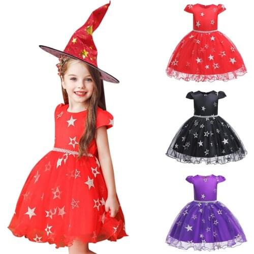 Children Toddler Halloween Princess Dress Girls Fancy Costume Baby Star Print Ball Gown Kids Cosplay Wizard Dress Hat for Party
