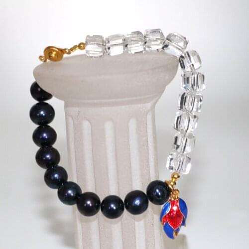 Two style new fashion 8-9mm black natural pearl beads charms women bracelets 8mm crystal cloisonne elegant jewelry 7.5inch B2966