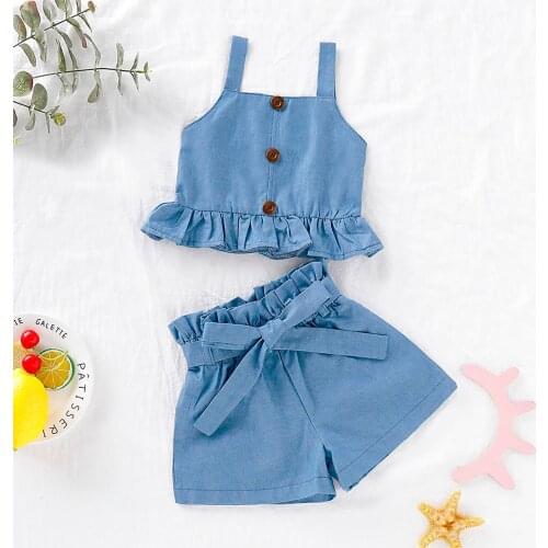 Girls Denim Shorts Sets Summer Bottons Ruffle Tops Toddler Baby Kid Girl Ruffle Vest Tops Solid Bow Shorts Outfits Set Clothes