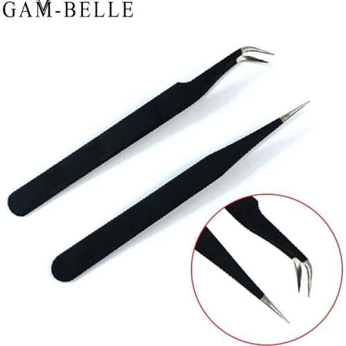GAM-BELLE 2 Pcs Stainless Steel Tweezer Black Curved Straight Rhinestone Picking Tool DIY Nail Art Manicure Makeup Tools Kit