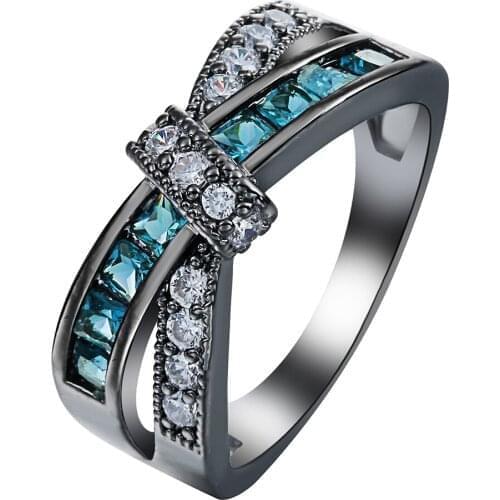 Hainon Cross Wedding Ring For Women Paved Blue cz Crystal Luxury hot Princess women Promise Engagement Ring Silver Color Jewelry