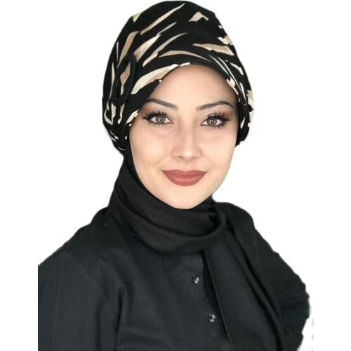 Islamic Fashion Muslim Hijab Hijab Trend Hijab Scarf Bone Ready Shawl Buckle Hat Trend Brown Patterned Black Ankle-Strap Hat