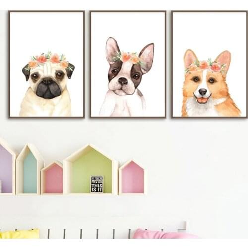Nursery Puppy Dog Canvas Art Prints Floral Crown Dog Poster , Pug Corgi Boston Terrier Canvas Painting Wall Pictures Home Decor