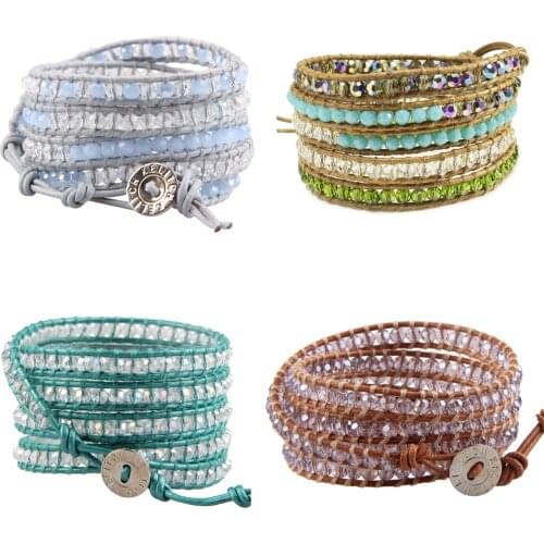 KELITCH New Crystal 5 Wrap Beaded Bracelets Leather Adjustable Bangles Bracelet for Women Charm