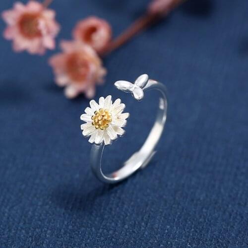 925 Sterling Silver Rings for Women Men Small Daisy Leaves Flower Leaf Adjustable Open Ring Engagement Wedding Rings Jewelry