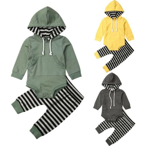 0-24M Toddler Baby Boy Autumn Clothes Sets Long Sleeve Hooded Tops Romper Striped Long Pants Outfits