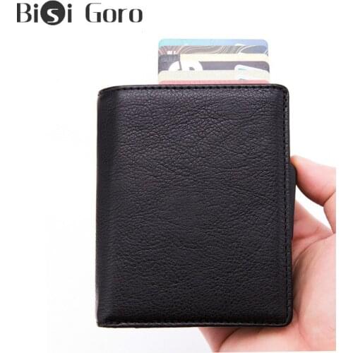 BISI GORO PU Leather RFID Business Card Holder Carbon Wallets Money Bag Aluminum Box Multifunctional Pop Up ID Card Case