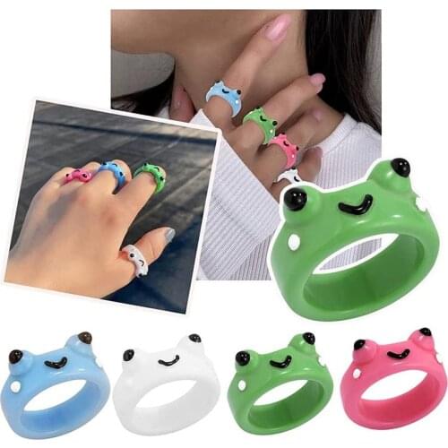 Colorful Frog Ring Polymer Clay Resin Rings for Girls Animal Jewelry for Women Cute Funny Smile Face Rings Fashion Jewelry Gifts