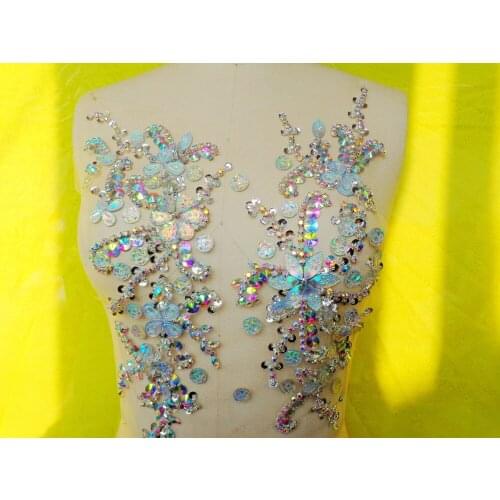 ZBROH Handmade crystalpatches sew on clear AB colour Rhinestones applique with stones sequins beads 31*27cm