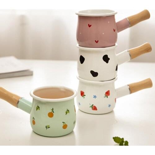 500ml Enamel Milk Pot With Wooden Handle Gas Stove Induction Cooke Baby Breakfast Milk Coffee Saucepan Cookware