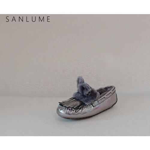 SANLUME Casual ladies Flat Loafers Patent Leather Winter Shoes Women Real Wool Keep Warm Comfortable Slip On