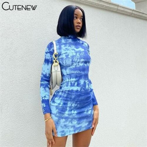 Cutenew Y2K Tie Dye Printing O-Neck Long Sleeve Bodycon Mini Dress Women 2021 Autunm Fashion Casual Slim Stretch Lady Streetwear