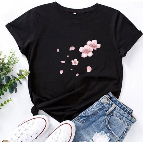 Fashion Pink Cherry Blossom T-shirt Women O-neck Cotton Short-sleeved T Shirts Women Super Lovely Flowers Art Tops Women Tshirt