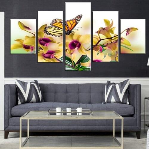 Home Decor Modular Canvas Wall Art Printed Pictures HD Modern 5 Panel Yellows Flower Butterfly Living Room Posters Paintings