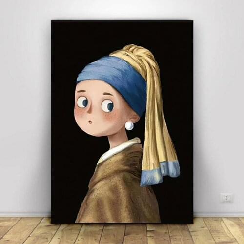 Cartoon Mona Lisa Canvas Painting Posters and Prints Wall Art Pictures for Baby Kids Room Living Room Home Decoration Unframed