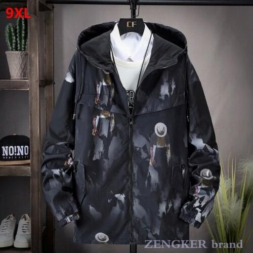 Spring and Autumn Plus Size Mens Jacket Thin Section Loose Casual Plus size Trend Print Hooded Jacket 9XL