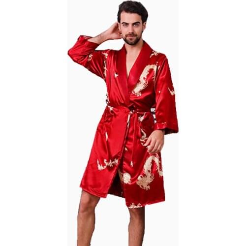 Mens Silk Bathrobe Plus Size 5XL Long-sleeved Bath Robe Men Satin Sleepwear Nightgown Print Dragons Dressing Gown Home Clothes