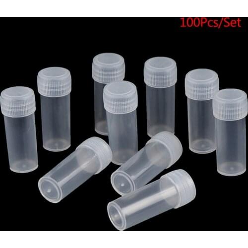 New 100pcs 5ml Plastic Test Tubes Vials Sample Container Powder Craft Screw Cap Bottles for Office School Chemistry Supplies