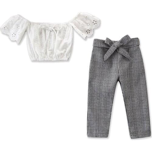 Brand New Summer Kids Baby Girls Lace Hollow Off Shoulder Tops+Plaid Stylish Pants Outfits Kids Girls Sunsuit for Summer