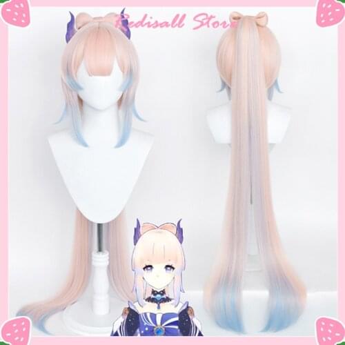 Genshin Impact Kokomi Cosplay Wig Bow Ponytail 120cm Long Straight Hair Mixed Pink Blue Heat Resistant Synthetic Game Role Play