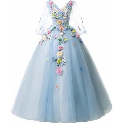 Gryffon Quinceanera Dress Full Sleeve V-neck Party Prom Solo Ball Gown Sweet Floral Print Host Quinceanera Dresses Plus Size