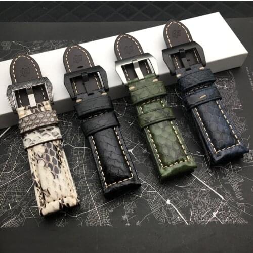 Top quality 22mm 24mm Red White Black Green Blue real snake Calf Leather Watchband for Panerai strap watch band pin buckle tool