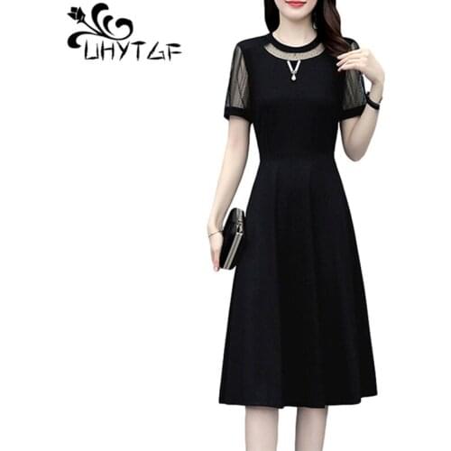 UHYTGF Fashion Black Summer Dress Women Lace Stitching Pullover Elegant Female Dress Short Sleeve Thin 5XL Plus Size Dresses1326