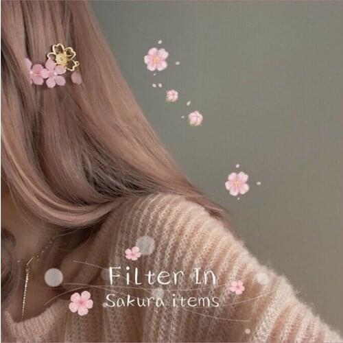 Japan Cherry Blossoms Hairpins for Women Girls Gold Simple Imitation Pearl Sweet Pink Flower Metal Hair Clip Jewelry Accessories