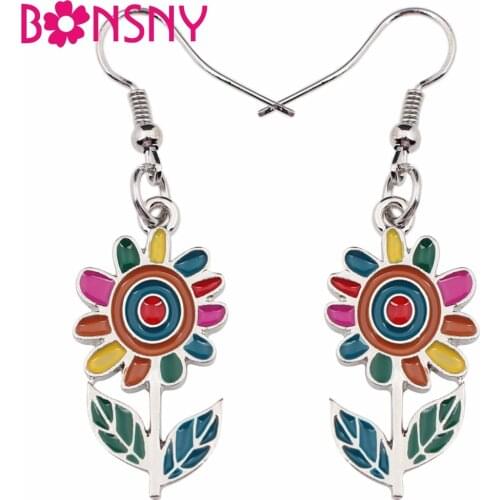 Bonsny Fashion Big Long Enamel Alloy Sunflower helianthus Dangle Drop Earrings 2018 News Flower Fashion Jewelry For Girls Women