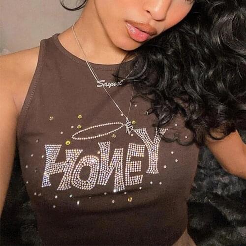 2021 Brown Crop Top Women Sleeveless O Neck Summer Casual Party 90s Fashion Letter Print Sexy Tank Tops