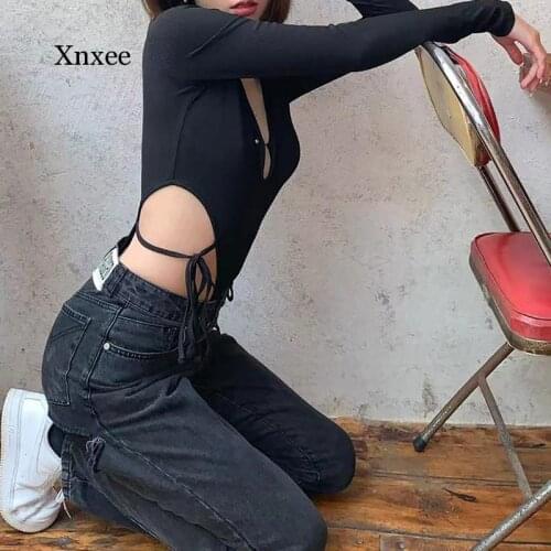 2021 Spring Punk Fashion Womens Tops Casual Hollow Straps Black Long-Sleeved One-Piece Tops T-Shirts Y2K Popular In Nightclubs