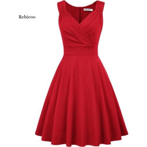 Womens Dresses Solid Color Sleeveless V-Neck Flared A-Line Party Dress Summer Swing Dresses Elegant Pleated Evening